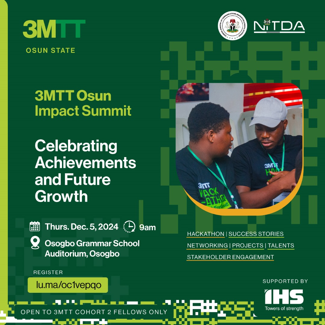 LukmanAdeoti's tweet image. Attention, 3MTT Osun Fellows!

Ready to celebrate, network &amp;amp; showcase your skills?

Join the 3MTT Osun Impact Summit on Dec 5, 2024 – a day of hackathons, success stories, &amp;amp; the future of tech talent in Osun!

Open to Cohort 2 Fellows only

#3MTT #OsunTech