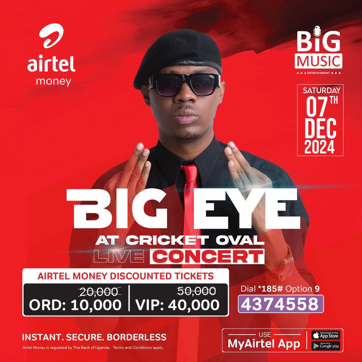 NajibSsesanga's tweet photo. Are you ready for @BigEyeStarBoss 
at Lugogo Cricket Oval this Dec 7th 2024? 

Get your discounted tickets with Airtel Money:

Let’s vibe together! 

#BigEyeAtCricketOval #PayWithAirtelMoney https://t.co/Ml3skKxIlg