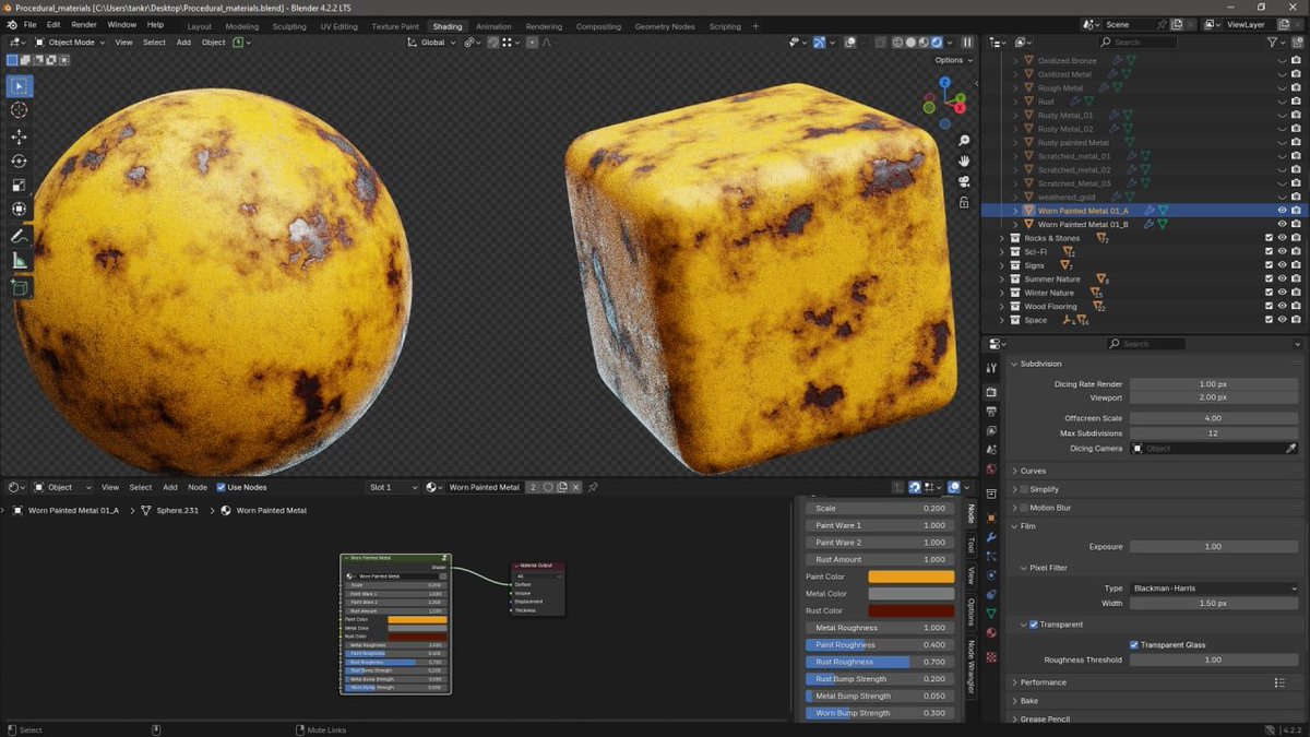 Tankred_Daeron's tweet image. Procedural customizable Worn Painted Metal material.

#blender3D #3D #ProceduralMaterial #Procedural #b3d