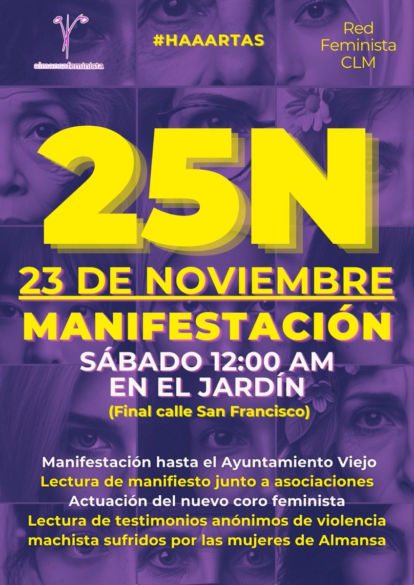 ⚠️MANIFESTACIÓN #25N EN ALMANSA⚠️
Decían que "en el pueblo no pasan estas cosas". Les hemos demostrado que no. Ahora toca hacerles saber cuánto nos importa. Acompáñanos a la mani el sábado 23 de noviembre. Contra la violencia machista. Porque estamos #HAAARTAS. Se acabó.