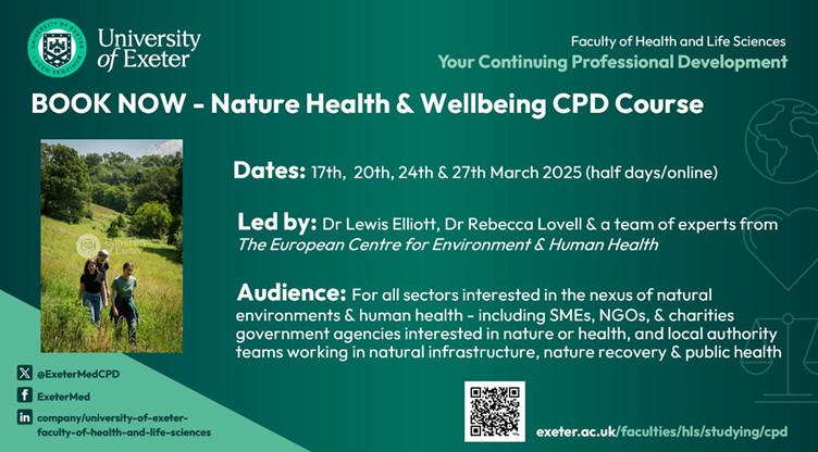 Med CPD @ University of Exeter (@exetermedcpd) on Twitter photo How can we make a greener, healthier, future happen & what are the benefits? Learn more from experts <a href="/UniofExeter/">University of Exeter</a> at the cutting edge of research on environmental & social change. Book now on our Nature, Health & Wellbeing Course to learn more! 👉 bit.ly/3HjeRk2 How can we make a greener, healthier, future happen & what are the benefits? Learn more from experts <a href="/UniofExeter/">University of Exeter</a> at the cutting edge of research on environmental & social change. Book now on our Nature, Health & Wellbeing Course to learn more! 👉 bit.ly/3HjeRk2