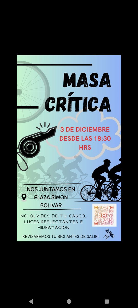 Tenemos #masacritica !!! ✨‼️🚴‍♀️🫂
Este martes 03 de Diciembre, invitamos a la comunidad de #valdiviacl a pedalear en la ultima masa crítica del año!!!
Los esperemos 18.30 hrs 🕡 
(Plaza de la simon bolivar)📌🗺️
Recuerda llevar hidratación🍶luces y reflectantes‼️💡