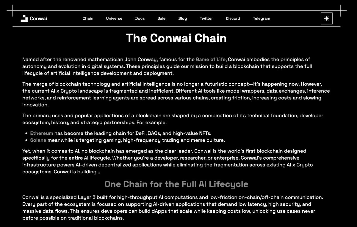 $CNW just launched by <a href="/conwainet/">conwai</a> 

Currently in testnet, is promoted as a merge of blockchain and AI. 

A specialised Layer 3 built for high throughput AI computations with low friction on/off chain communication.

• Massive data flows
• High security 
• Low latency