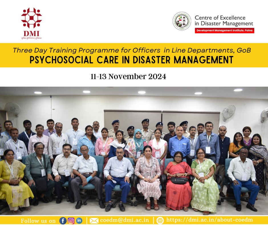 CoEDM_DMI's tweet photo. Highlights from the Three-Day Training on Psychosocial Care in Disaster Management 
Date: 11th-13th November 2024 
The Officers in departments of Government of Bihar successfully participated in this enriching training program.
@DMI_Patna &amp; @nidmmhaindia 
@BiharDMD @BSDMA https://t.co/ViEhp8XHAD