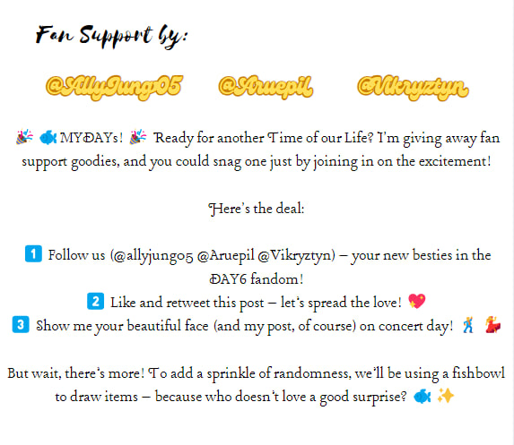 🍀Day6 Forever Young in Manila Fan Support🍀

> Details are in the photo~ 
See you vv soon MyDays <3
> Will use a bowl to add some fun <3

Fan support by <a href="/aruepil/">merch ban 🖐🏻 wag bentahan</a> <a href="/vikryztyn/">캄밀 븨 | Saw DAY6 and in PCD era</a> &amp; @allyjung05

#DAY6 #데이식스 #DAY6_3RD_WORLDTOUR_MNL #FOREVER_YOUNG #Band_Aid #녹아내려요