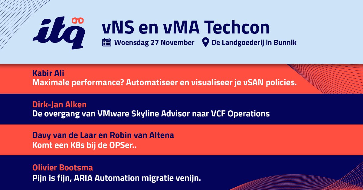 ITQ (@itq) on Twitter photo 🇳🇱 Volgende week woensdag is het tijd voor het <a href="/vnstechcon/">vnstechcon</a> en <a href="/vmatechcon/">vmatechcon</a> event! Dit is het tech evenement voor voor zowel VMware Netwerk & Security als Management & Automation. En ook gaan er wat ITQ'ers een sessie geven. Meer weten of inschrijven? - eventbrite.nl/e/tickets-vns-… 🇳🇱 Volgende week woensdag is het tijd voor het <a href="/vnstechcon/">vnstechcon</a> en <a href="/vmatechcon/">vmatechcon</a> event! Dit is het tech evenement voor voor zowel VMware Netwerk & Security als Management & Automation. En ook gaan er wat ITQ'ers een sessie geven. Meer weten of inschrijven? - eventbrite.nl/e/tickets-vns-…