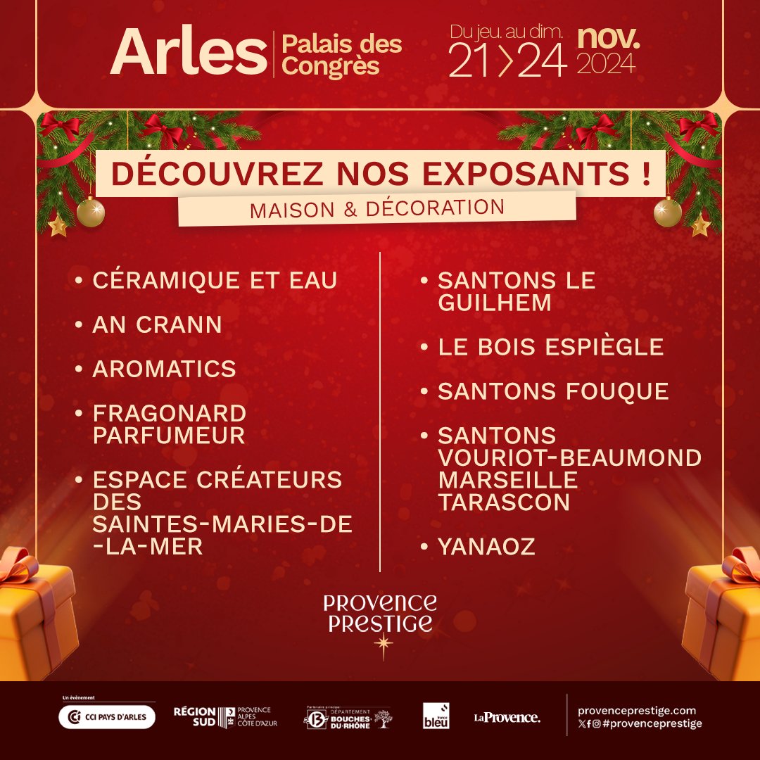 Provence Prestige 2024 : Découvrez nos exposants ! 🎉

Rendez-vous du jeudi 21 au dimanche 24 novembre au Palais des Congrès Arles, pour découvrir l'artisanat provençal 

#ProvencePrestige #MaisonDecoration #MadeInProvence #Arles #ÉvénementLocal