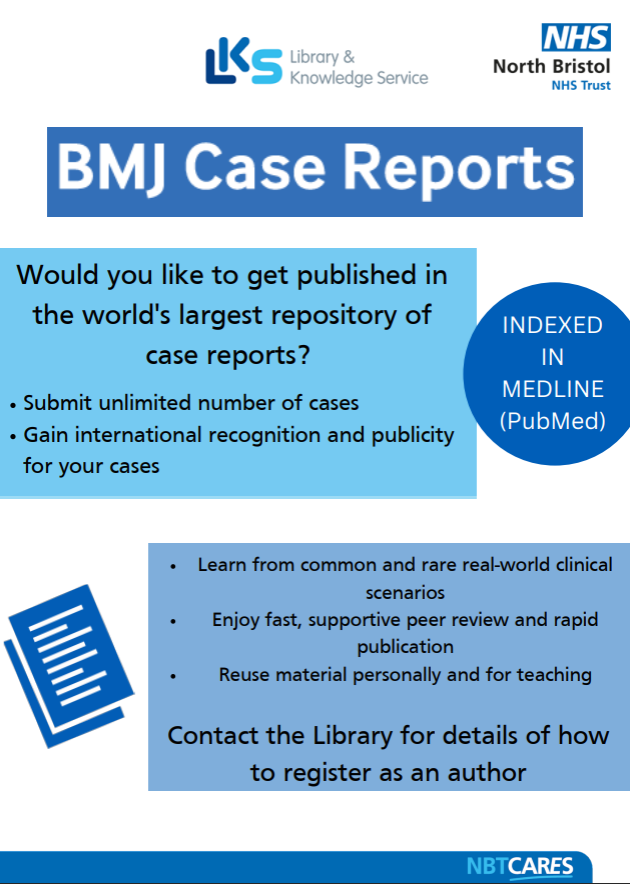 NBT Library and Knowledge Service (@nbt_library) on Twitter photo Did you know👀?
NBT clinicians are able to freely submit cases on BMJ Case Reports - contact southmead.library@nbt.nhs.uk to find how to register as an author📚
<a href="/NmskNbt/">NMSK at North Bristol Trust</a> <a href="/NSnahper/">NBT_SNAHPer</a> <a href="/MedicineNbt/">MedicineNBT</a>
<a href="/NBT_QSIT/">Quality Safety Improvement Team</a> <a href="/PhysioNbt/">North Bristol NHS Trust Physiotherapy</a> <a href="/NBTWomenNetwork/">North Bristol Trust Women's Staff Network</a>
<a href="/ResearchNBT/">Research at North Bristol NHS Trust</a> <a href="/EducationNBT/">ClinicalEducationNBT</a> <a href="/ASCRnbt/">AwesomeASCR</a> <a href="/MaternalNbt/">Maternal Medicine NBT</a> Did you know👀?
NBT clinicians are able to freely submit cases on BMJ Case Reports - contact southmead.library@nbt.nhs.uk to find how to register as an author📚
<a href="/NmskNbt/">NMSK at North Bristol Trust</a> <a href="/NSnahper/">NBT_SNAHPer</a> <a href="/MedicineNbt/">MedicineNBT</a>
<a href="/NBT_QSIT/">Quality Safety Improvement Team</a> <a href="/PhysioNbt/">North Bristol NHS Trust Physiotherapy</a> <a href="/NBTWomenNetwork/">North Bristol Trust Women's Staff Network</a>
<a href="/ResearchNBT/">Research at North Bristol NHS Trust</a> <a href="/EducationNBT/">ClinicalEducationNBT</a> <a href="/ASCRnbt/">AwesomeASCR</a> <a href="/MaternalNbt/">Maternal Medicine NBT</a>