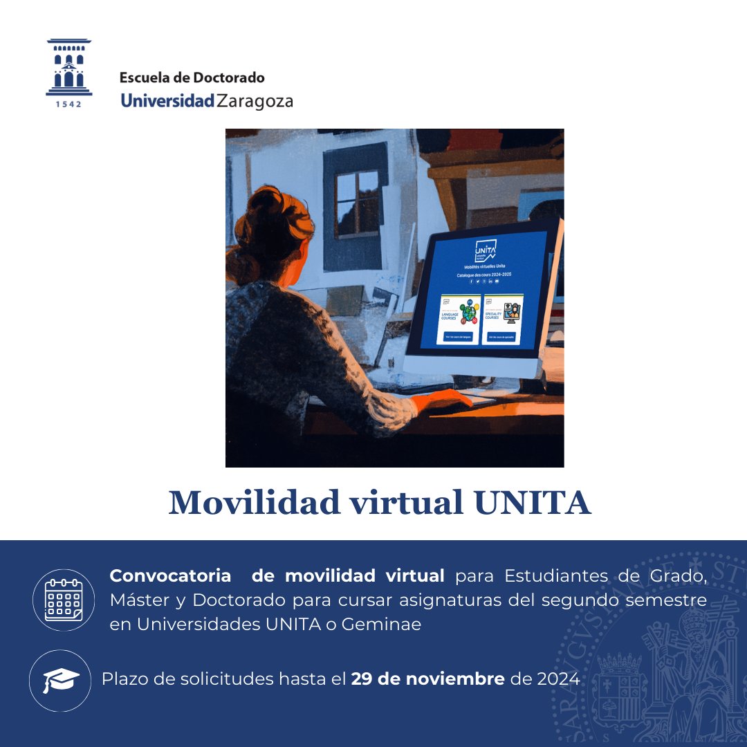 📢Nueva convocatoria de Movilidad virtual UNITA para asignaturas del segundo semestre📢
📆Solicitudes hasta el 27 de noviembre
Más información en: escueladoctorado.unizar.es/es/noticia/nue…