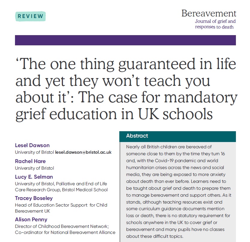 Parliament will debate adding content on death &amp; grief into the curriculum on 2 Dec. Please support this change! Integrating #grief education into schools will support bereaved children &amp; help create a kinder more compassionate society. See our article: bereavementjournal.org/index.php/bcj/……