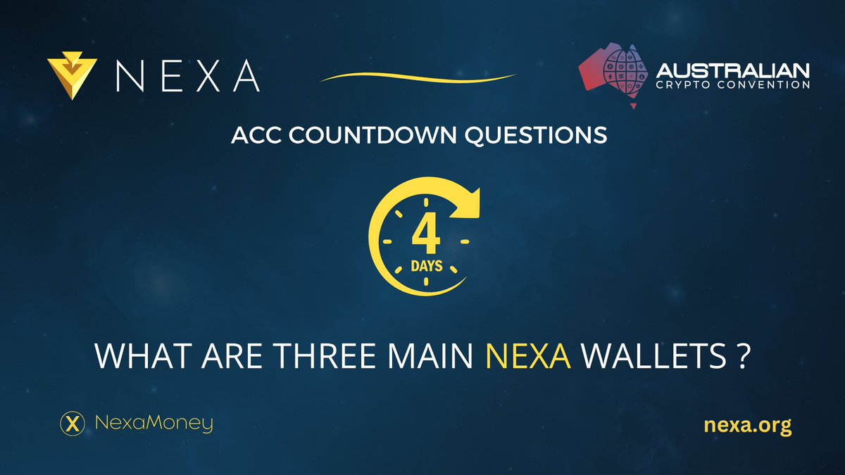 NexaMoney's tweet image. 📢 Countdown to the @AusCryptoCon. Only 4 days left! 🚀
Share and answer the question correctly, and win up to 10M $NEXA coins! 🪙
What are three main Nexa wallets?
A) Wally
B) Metamask
C) Full-node-QT
D) Otoplo
Like, share & drop your answers in the comments! ✍️