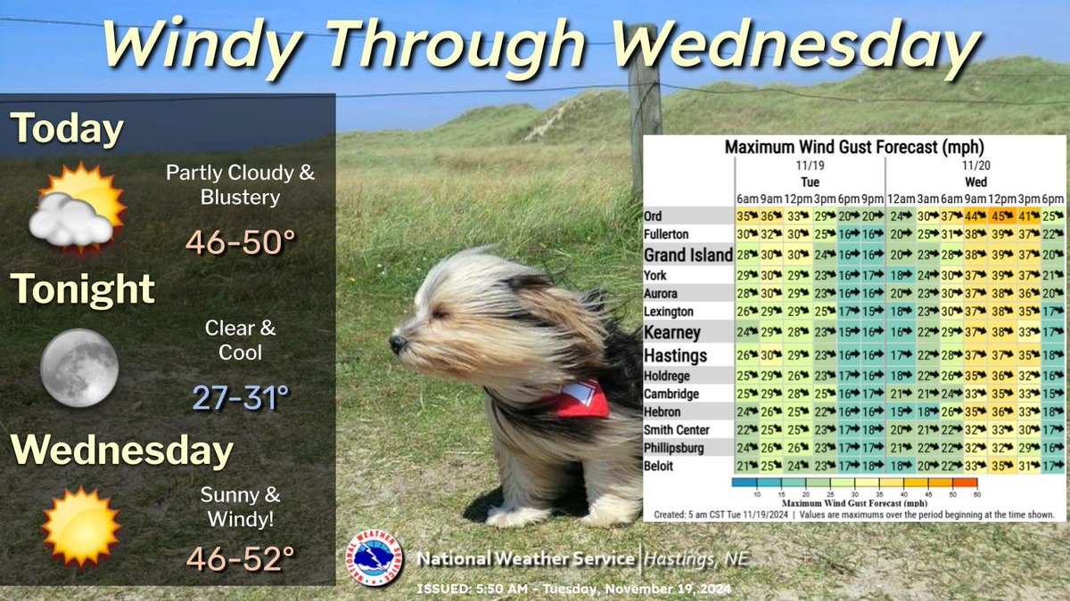 Main story over the next couple of days will be strong W-NW wind gusts, 30-35 MPH today, and 35-45 MPH on Wednesday, highest N of I-80. Otherwise, expect dry conditions and seasonable temperatures #NEwx #KSwx