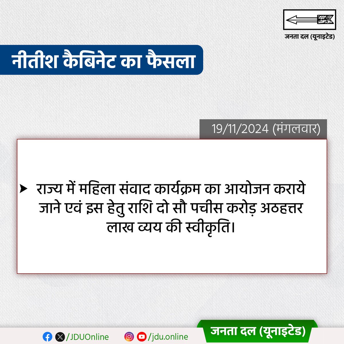 Jduonline's tweet photo. माननीय मुख्यमंत्री श्री @NitishKumar जी की अध्यक्षता में मंगलवार को कैबिनेट की बैठक हुई, जिसमें कई महत्वपूर्ण प्रस्तावों को मंजूरी दी गई है।
#JDU #Bihar #NitishKumar #BiharCabinetMeeting #CabinetDecisions #GovernanceInAction #DevelopmentDecisions https://t.co/IDBRisKv8M
