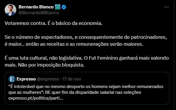 Ninguém está a pedir a Benfica, Porto, Sporting, Braga, Famalicão wtv pagar o mesmo ao feminino e masculino. Estamos a dizer para atletas em representação de seleções masculinas e femininas recebam o mesmo valor quando vão à seleção.
"Ah a seleção masculina gera mais dinheiro"