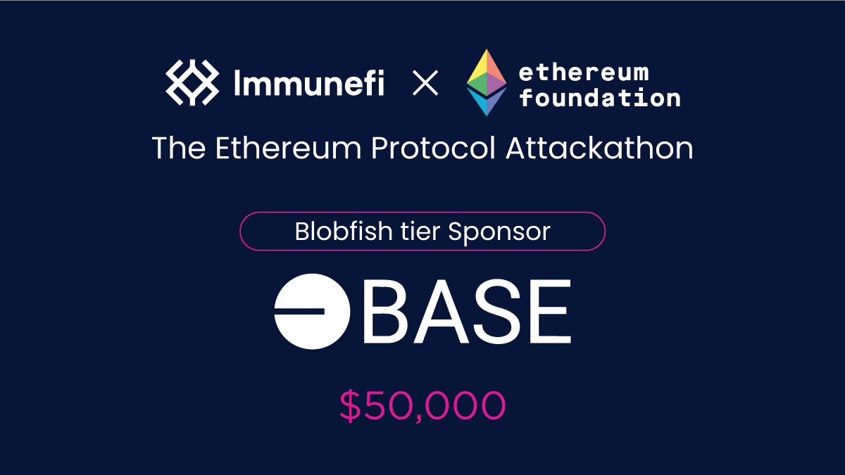 We’re excited to welcome <a href="/base/">Base</a> as a Blobfish sponsor in the Ethereum protocol Attackathon on Immunefi!

They’ve contributed $50,000 to defend the future of the Ethereum protocol 🔐

Find out more and sponsor now: immunefi.com/sponsor-ethere…

#EFxImmunefi