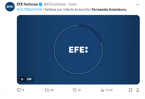 Por enésima vez, una cuenta suplanta a una editorial para hacer circular el fake de que se ha muerto un escritor. La agencia estatal española de noticias, referencia para el resto de medios, se lo come y lo llega a publicar en su perfil aquí. Tenemos un problema serio.