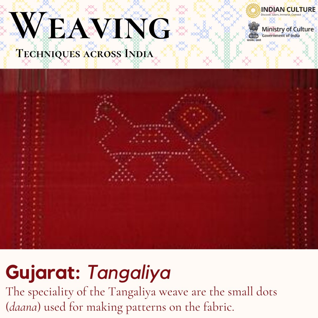 _IndianCulture's tweet photo. Weaving, a method of textile production, has distinct styles across different regions in India.
Discover more weaves in the Textiles of India section on the Indian Culture Portal.
#weaving #textiles #weavingmethods #ilkal #tangaliya #sambalpuri #panjaweave #silk #saree #clothes https://t.co/CX7YNLzJ8g