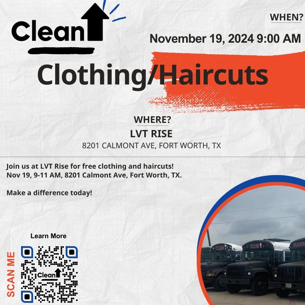 Free clothes &amp; haircuts! LVT Rise, Nov 19, 9-11AM, 
8201 Calmont Ave, Fort Worth. Make an impact! 
Info: cleanupusa.org/upcoming-events
#CleanUpEvents #Charity