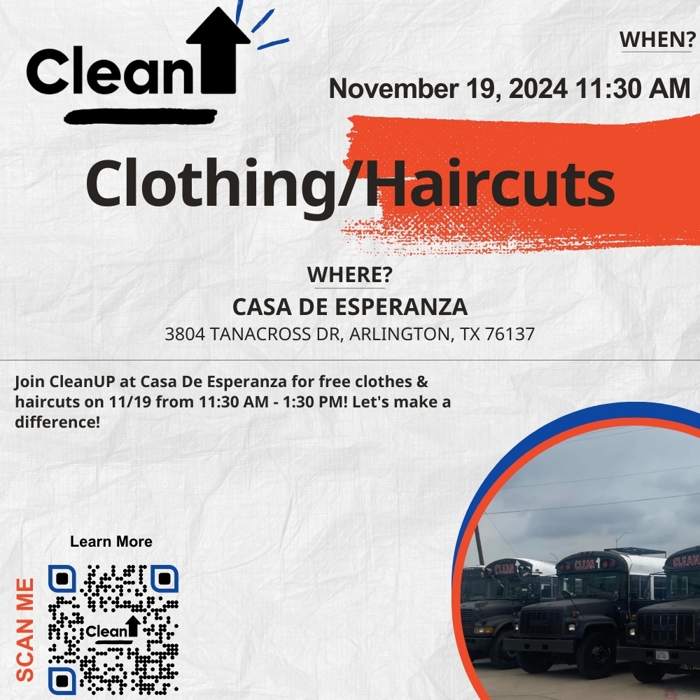 Join us at Casa De Esperanza for free clothes &amp; haircuts on 11/19, 11:30 AM - 1:30 PM! 
cleanupusa.org/upcoming-events
#CommunitySupport #ArlingtonEvent