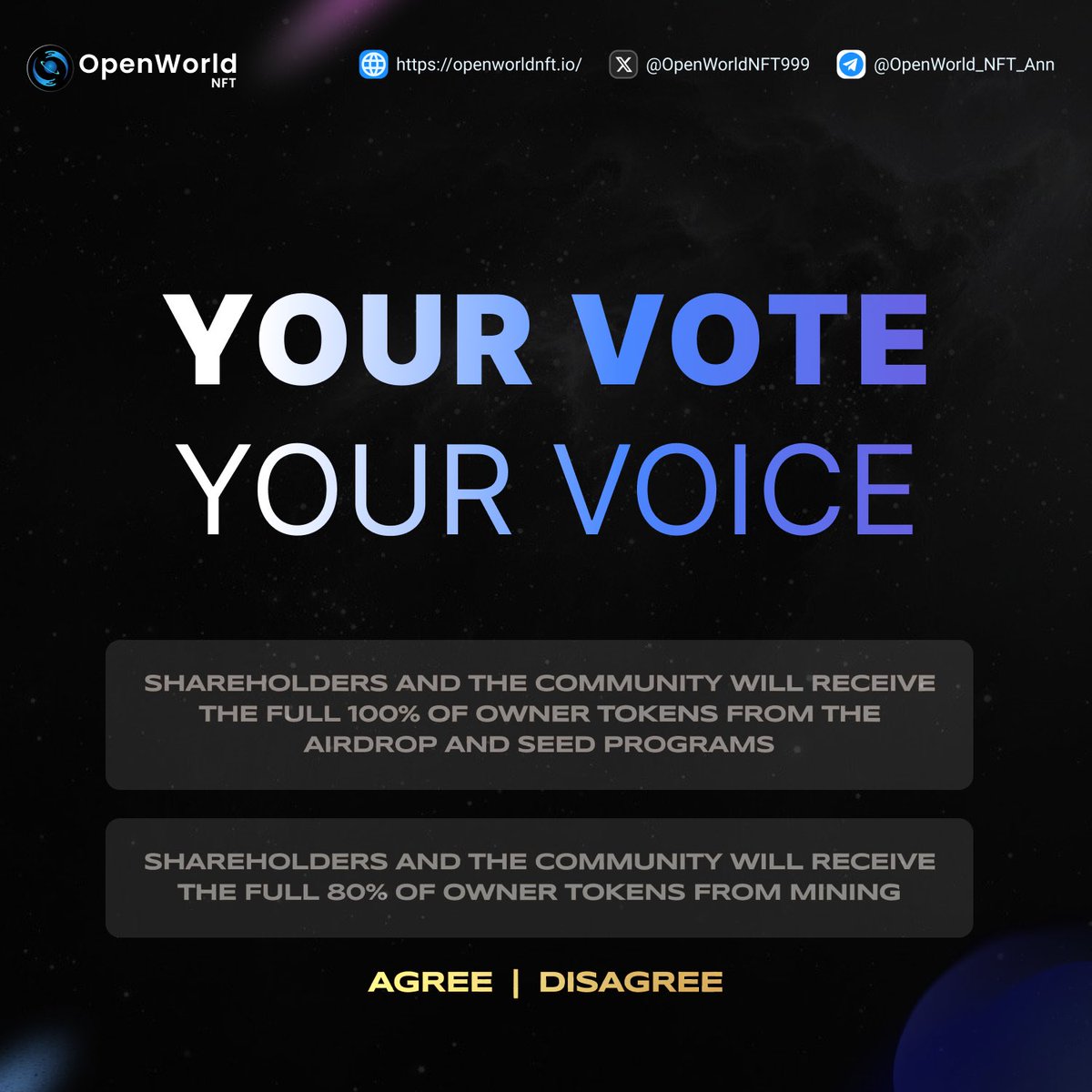 🔥 Announcement 🔥

Hello Openworld Community, 

In order to optimize the token distribution process and based on community feedback, we are considering paying out all OWNER tokens immediately instead of maintaining the current schedule. We would like to hear your opinions
