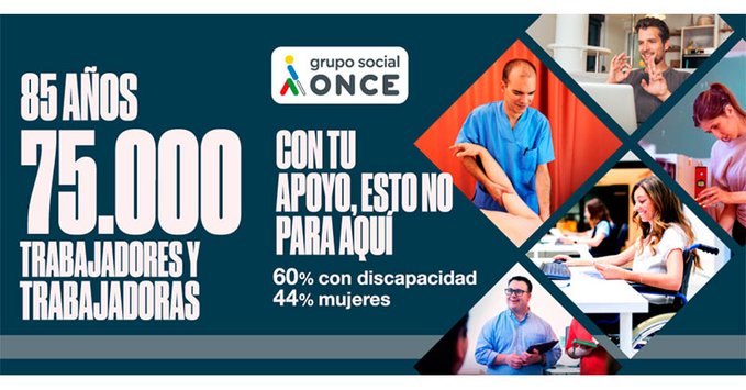 ONCECatalunya's tweet image. 🙏 Gràcies a la confiança de la ciutadania i a la feina d'aquests 85 anys, #JaSom75000 treballadors i treballadores en el @GrupoSocialONCE!

➡️ el 60% són persones amb #discapacitat
➡️ el 44% són dones

I seguim!
Perquè, amb el teu suport, això no para aquí...
