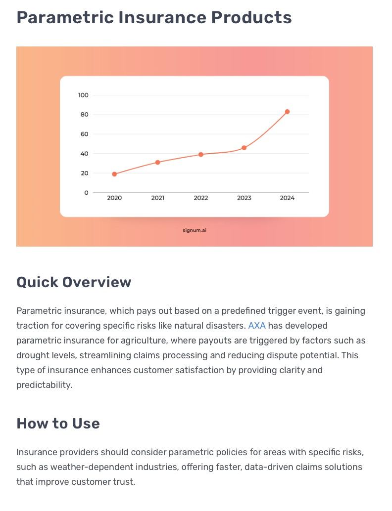 SignumAI's tweet image. This Week’s Trend: Parametric insurance 

Event triggers = fast payouts.
@AXA is using this in agriculture for seamless claims and happy customers.

Get the latest—follow Signum.AI!