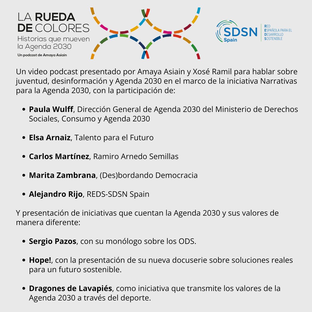 🎙️ 🗣️ El próximo martes 26 de noviembre, de 12:00 a 14:00, nos damos cita en la Fundación Ortega Marañón para hablar sobre juventud, desinformación y Agenda 2030, en un podcast en vivo de La Rueda de Colores.

💻Registro: forms.gle/tcqCTdC6F7zoVn…