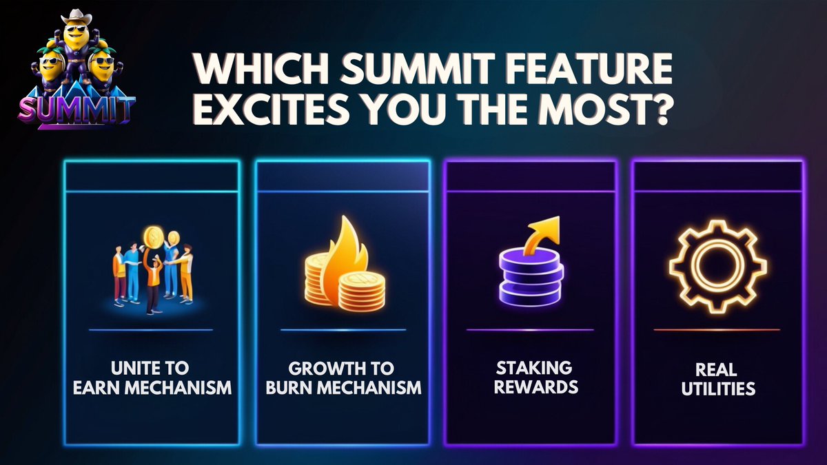 🌟 Discover Summit’s Powerhouse Features! 🌟

Which feature gets you the most excited?
💰 Unite-to-Earn Mechanism
🔥 Growth-to-Burn Mechanism
📈 Staking Rewards
⚙️ Real Utilities
👇 Drop your favorite feature in the comments and tell us why! Let’s hear from the Summit family!

🔗