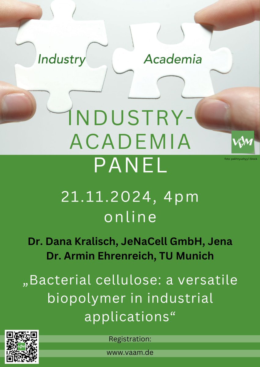 VAAM - Vereinigung f. Allg. u. Ang. Mikrobiologie (@vaam_microbes) on Twitter photo Only 2 days left until the 16. VAAM Industry-Academia Panel on bacterial cellulose.
⏰Thursday, 21.11, 4 pm, online via Zoom
🏃🏃♀️if you haven´t registered yet➡️ t1p.de/rqk1z Only 2 days left until the 16. VAAM Industry-Academia Panel on bacterial cellulose.
⏰Thursday, 21.11, 4 pm, online via Zoom
🏃🏃♀️if you haven´t registered yet➡️ t1p.de/rqk1z