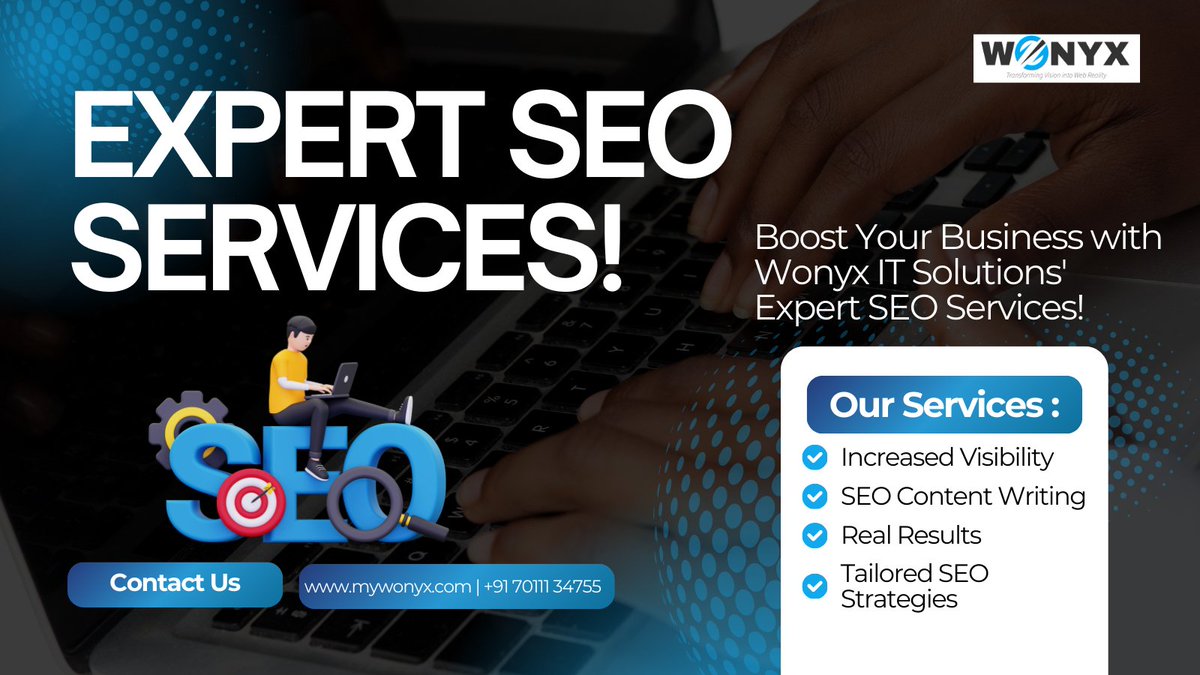 WonyxItsolution's tweet image. Boost Your Business with #WonyxITSolutions Expert #SEOServices.
Whether you&apos;re a startup or an established business, we’re here to help you rank higher, reach farther, and grow faster.
Get in touch today for a FREE consultation.
mywonyx.com | +91 70111 34755