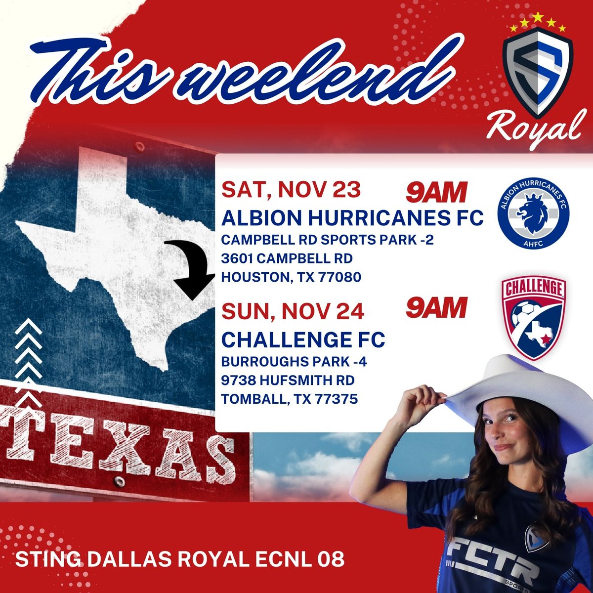 Sting Dallas Royal ECNL 08G (@ecnl08g) on Twitter photo Headed to Houston this weekend for two games!
<a href="/TopDrawerSoccer/">TopDrawerSoccer</a> <a href="/PrepSoccer/">Prep Soccer ⚽️</a> <a href="/PrepSoccerTX/">Prep Soccer Texas</a> <a href="/TheSoccerWire/">SoccerWire</a> <a href="/NickSoutar/">Nick Soutar</a> Headed to Houston this weekend for two games!
<a href="/TopDrawerSoccer/">TopDrawerSoccer</a> <a href="/PrepSoccer/">Prep Soccer ⚽️</a> <a href="/PrepSoccerTX/">Prep Soccer Texas</a> <a href="/TheSoccerWire/">SoccerWire</a> <a href="/NickSoutar/">Nick Soutar</a>