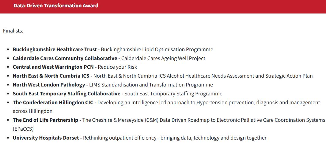 Take a look at our amazing Data-Driven Transformation Award finalists:  awards.hsj.co.uk/shortlist-2024  #HSJAwards