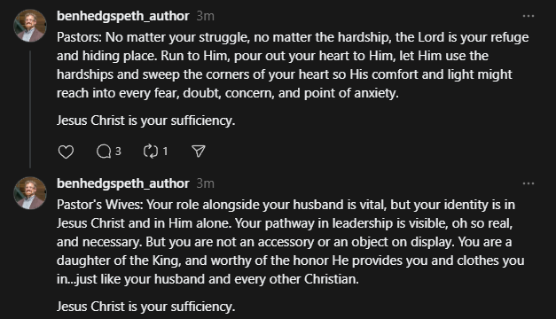 thehedgedad's tweet photo. Pastors, you &amp; your wives have incredibly important roles within the church, but Jesus Christ is your sufficiency. He alone can be your identity, not your role, title nor responsibilities can carry the weight of defining you a&amp; your existence...only Jesus Christ can hold you up. https://t.co/n7PGy3ncD8