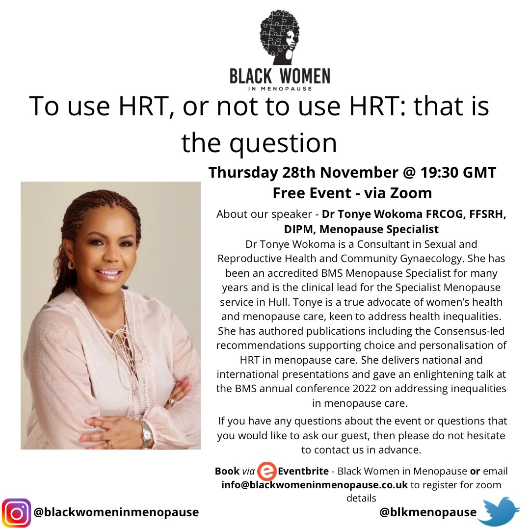 Next Free event To use HRT, or not to use HRT: that is the question with Dr. Wokoma book here eventbrite.co.uk/e/to-use-hrt-o… #perimenopause #menopause

When - Thursday 28th November @ 19:30 GMT

Where - Online zoom