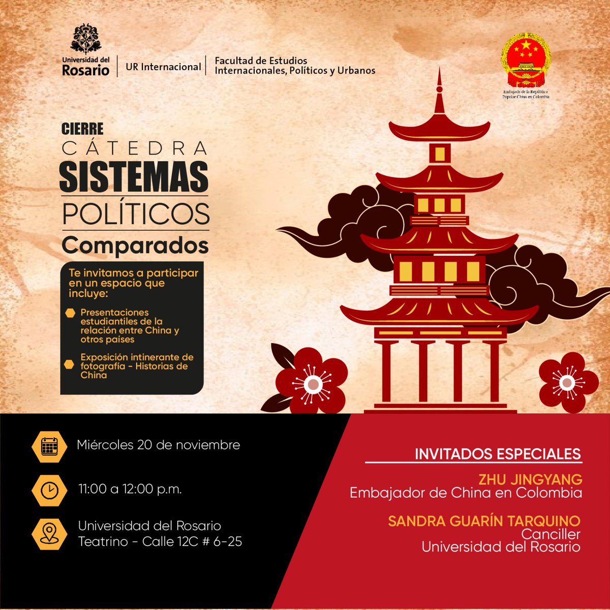 Nos vemos mañana en el cierre de la Cátedra de Sistemas Políticos Comparados con la participación especial del Embajador de China en Colombia, Zhu Jinyang 🇨🇳

Confirma tu asistencia aquí 👉forms.office.com/r/HsEYz1GDDJ