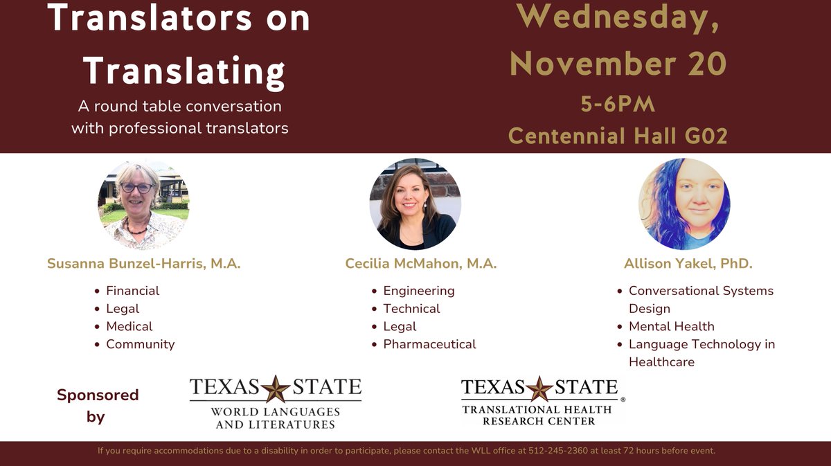 THRCtxst's tweet image. Join the TXST Dept. of World Languages tomorrow at 5pm for Translators on Translating! Hear Susana Bunzel-Harris, Cecilia McMahon, and Dr. Allison Yakel discuss professional translating, including mental health and healthcare. Sponsored by THRC—don’t miss it!
#TxStateResearch