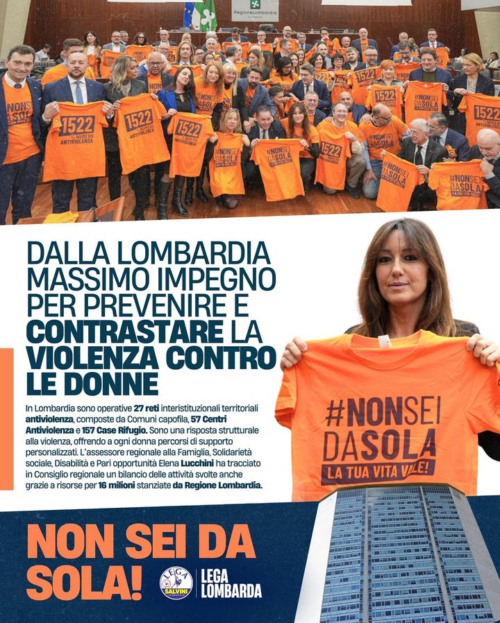 LegaLombardaSP's tweet image. 🟠 Non sei da sola: Regione Lombardia contro la violenza

L’assessore regionale Elena #Lucchini: “Oggi si è svolta l’informativa in Consiglio Regionale sulle politiche della Lombardia sul fondamentale tema del contrasto alla violenza contro le… facebook.com/69670650201936…