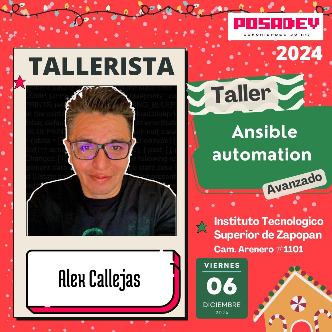 posadev's tweet photo. 🚀 Únete al Taller "Ansible Automation" por Alex Callejas 🧑💻, aprenderás a orquestar como un verdadero maestro. 🎶🎅 😉
Información para el registro a talleres, esta disponible en https://t.co/XcYfLq7VN3 🕶️
Recuerda: rootpass++ tiene 50% de descuento en la inscripción 💌 https://t.co/22CR9Qx40X