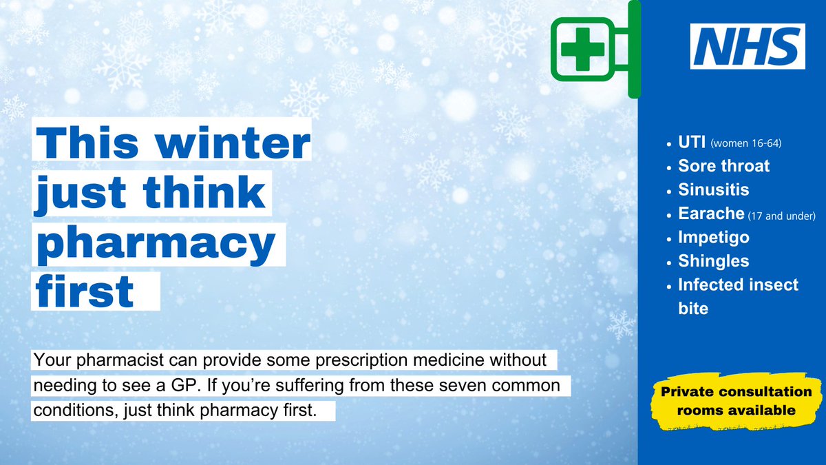 This Winter Just Think Pharmacy First 💭

Did you know that there are seven common conditions that pharmacist can provide some prescription without needing to see a GP!