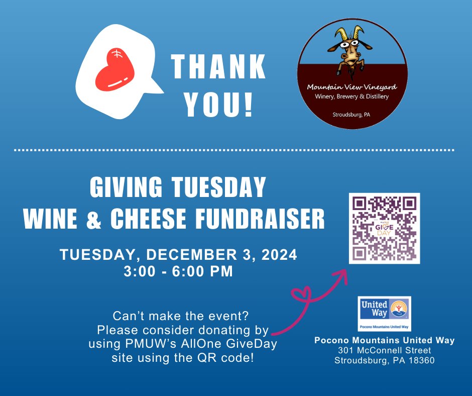 📣We are 2 WEEKS away from Giving Tuesday!!
Big Thanks to Mt View Vineyard for being a part of #AllOneGiveDay! They will once again be providing wine &amp; charcuterie boards for our Giving Tuesday Wine &amp; Cheese Fundraiser on December 3rd! #PoconoSeasonOfGiving #PMUW #GivingTuesday
