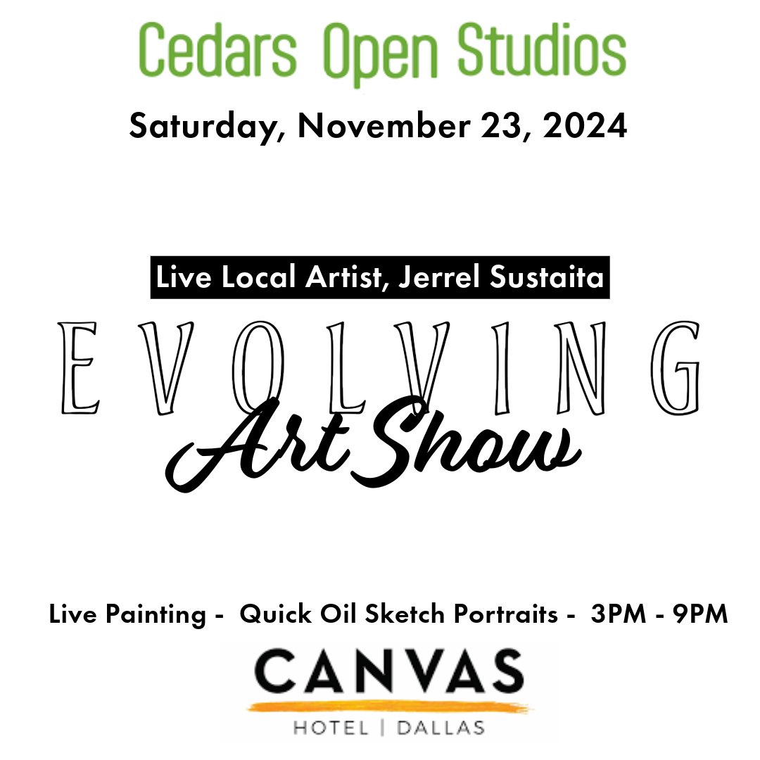 jerrel_sustaita's tweet photo. Evolving Art Show @livelocalartist 
#CedarOpenStudios #Saturday , November 23, 2024 from 3 to 9 PM. #LivePainting the scene and One of a Kind quick oil sketch portraits. #livelocalartist https://t.co/C0SSLjRcFQ