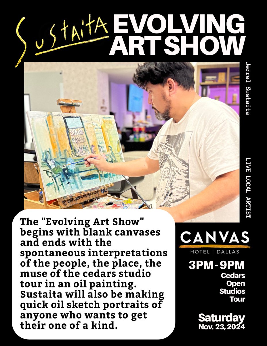 jerrel_sustaita's tweet photo. Evolving Art Show @livelocalartist 
#CedarOpenStudios #Saturday , November 23, 2024 from 3 to 9 PM. #LivePainting the scene and One of a Kind quick oil sketch portraits. #livelocalartist https://t.co/C0SSLjRcFQ