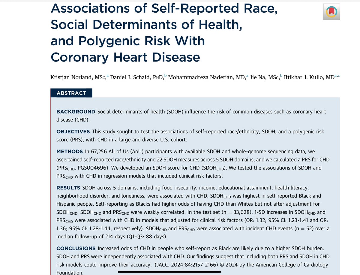1/2

Associations of Race, SDOH &amp; PRS with CHD risk in the All of Us dataset by Kristjan Norland  

tinyurl.com/mt2j6f5m

 ⬆️ odds of CHD in people who self-report as Black are due to a higher SDOH burden

Emphasizing Race as a social not biological construct