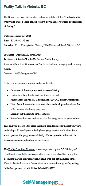 Institute on Aging & Lifelong Health (@uvicaging) on Twitter photo Concerned about #frailty? Join Dr. Patrick McGowan on Dec. 13, 12:30–1:30 PM at Knox Presbyterian Church (Victoria, BC) for a talk on preventing frailty progression. Learn about the AVOID Frailty Framework & a no-cost peer-led program w/ <a href="/SMPatUVic/">Self-Management BC</a>
📞 Register: 1-866-902-3767 Concerned about #frailty? Join Dr. Patrick McGowan on Dec. 13, 12:30–1:30 PM at Knox Presbyterian Church (Victoria, BC) for a talk on preventing frailty progression. Learn about the AVOID Frailty Framework & a no-cost peer-led program w/ <a href="/SMPatUVic/">Self-Management BC</a>
📞 Register: 1-866-902-3767