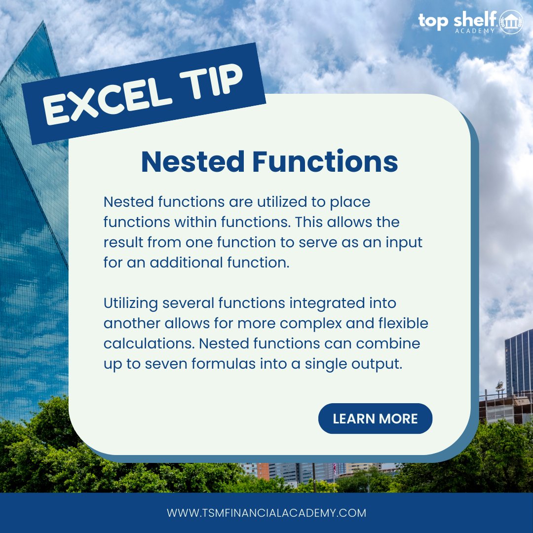 tsmfacademy's tweet image. Nested functions are functions within functions that allow for more complex calculations. Discover more valuable Excel tips & tricks with our Excel for Real Estate Course—enroll today and elevate your skills!
tsmfinancialacademy.com
#ExcelTip
#NestedFunctions
#TopShelfAcademy