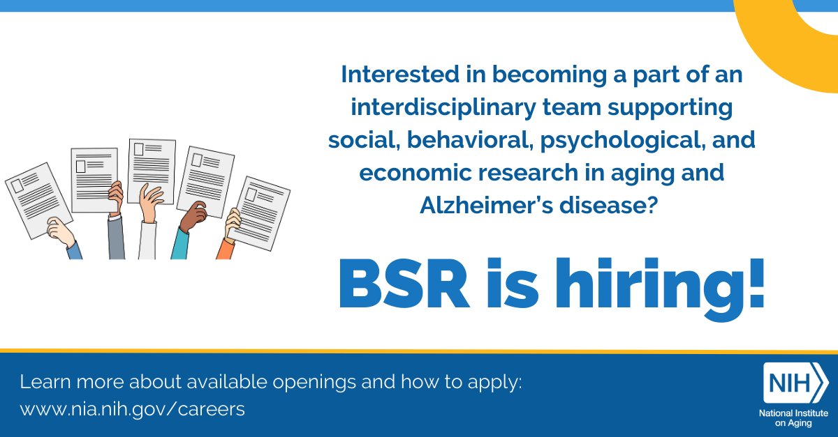 We’re hiring! NIA’s Division of Behavioral and Social Research (BSR) is currently accepting applications for multiple positions. View the current openings here: go.nia.nih.gov/4fmMQrh #JobOpportunities