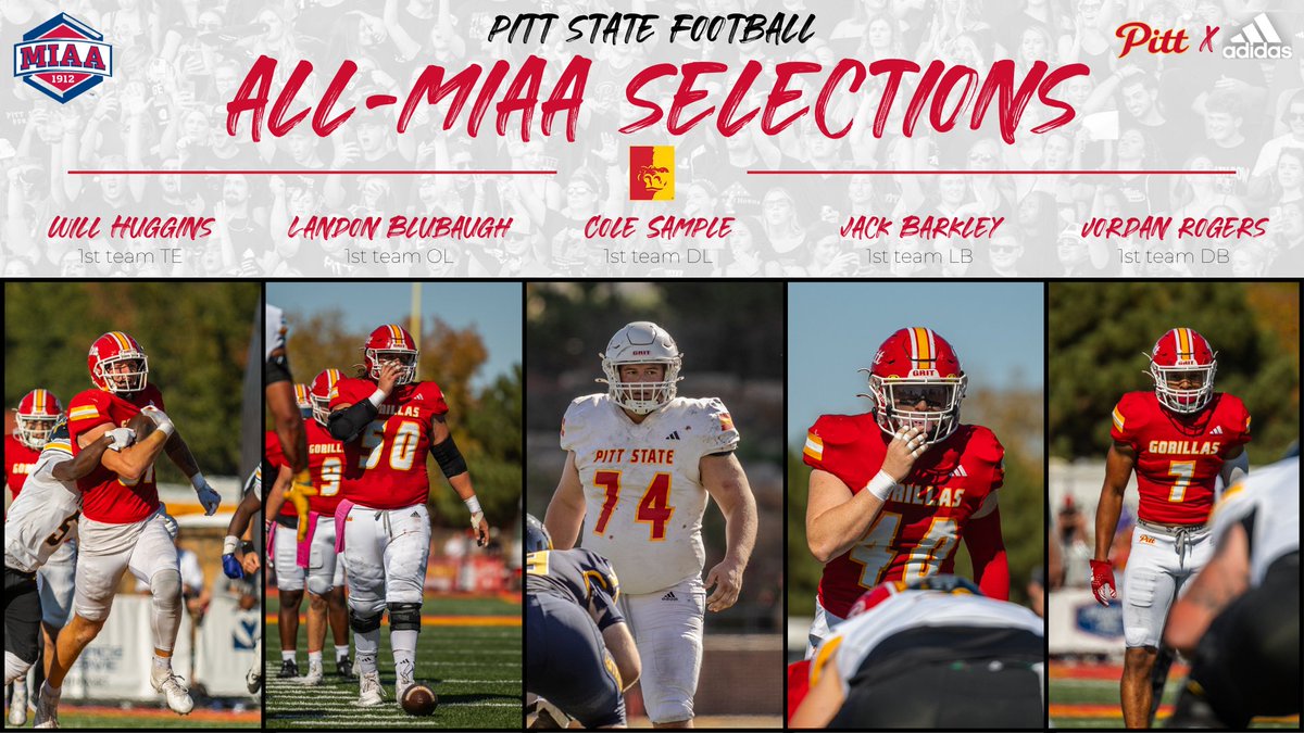 🚨1ST TEAM ALL-MIAA🚨

FIVE Gorillas earn 1st team All-MIAA recognition, including LB Jack Barkley as a UNANIMOUS 1st team pick 🦍🏈

<a href="/GorillasFB/">Pitt State Football</a>|<a href="/pittstate/">Pittsburg State</a>