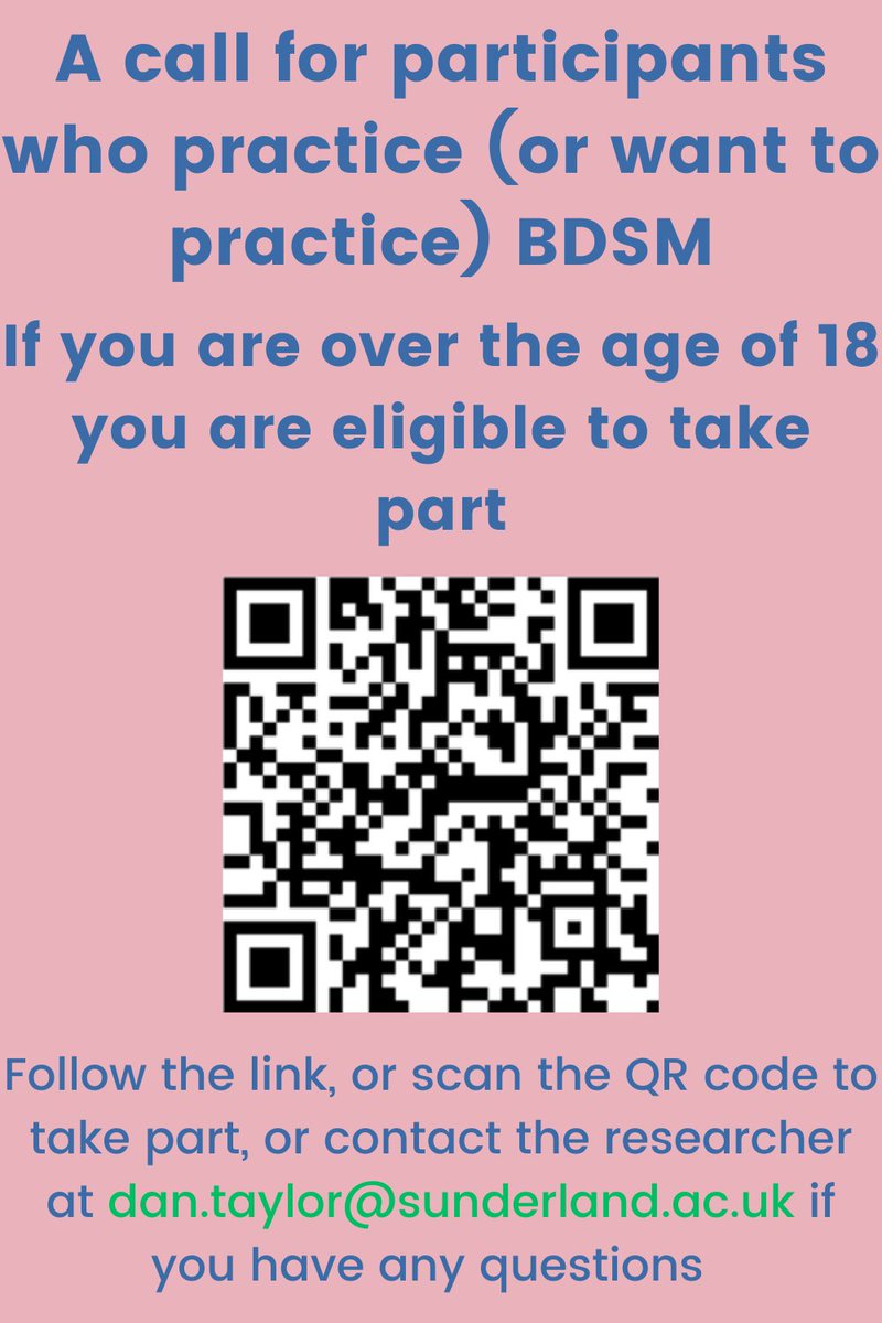 Daniel Taylor (@danjtaylor95) on Twitter photo Final PhD study is ready to go!
If you're 18+ and interested in #BDSM then feel free to take part, if you aren't #kinky then please share with any friends who are! Any questions please contact me at dan.taylor@sunderland.ac.uk or DM me here.
sundunievals.qualtrics.com/jfe/form/SV_6V… Final PhD study is ready to go!
If you're 18+ and interested in #BDSM then feel free to take part, if you aren't #kinky then please share with any friends who are! Any questions please contact me at dan.taylor@sunderland.ac.uk or DM me here.
sundunievals.qualtrics.com/jfe/form/SV_6V…