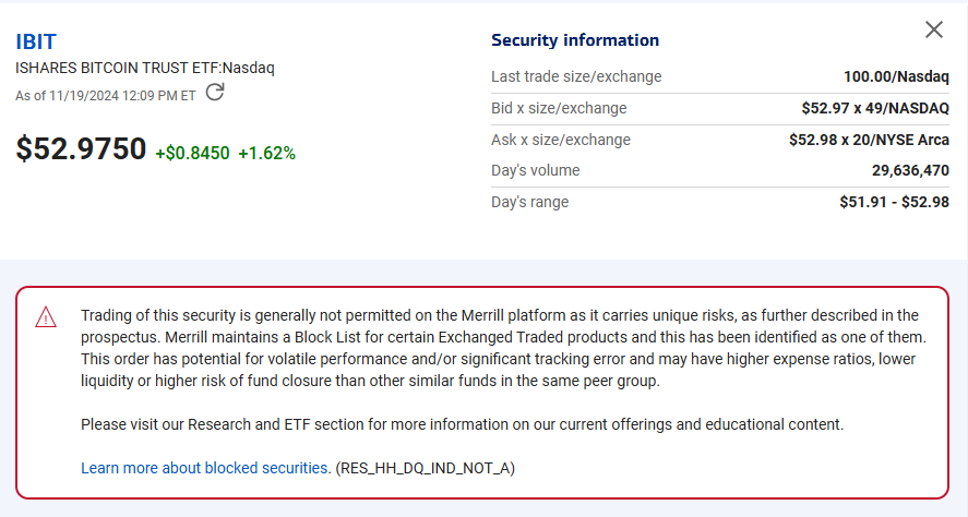 dunleavy89's tweet image. IBIT is still blocked by a top 5 brokerage platform in the US (@MerrillLynch). Unreal. Unacceptable.

Any idea when this changes @EricBalchunas?