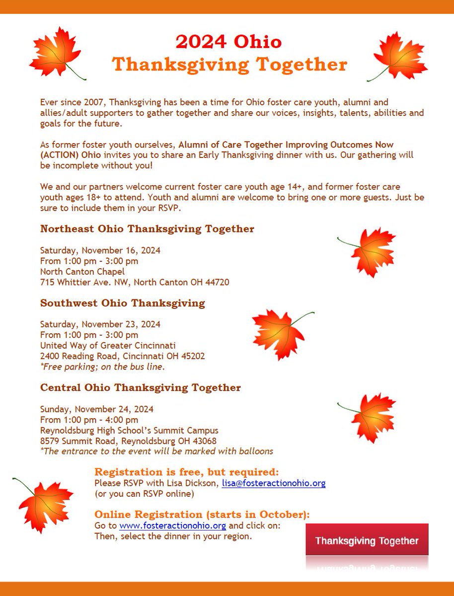 Hamilton County JFS (@hcjfs) on Twitter photo The 2024 SW Ohio Thanksgiving Dinner will be held on Nov. 23 from 1 – 3 pm at <a href="/UnitedWayGC/">United Way of Greater Cincinnati</a>. It's a great way for foster teens (ages 14+) & those who have aged out of foster care (ages 18+) to experience Thanksgiving and the joy it brings.
More info: fosteractionohio.org/thanksgiving-t… The 2024 SW Ohio Thanksgiving Dinner will be held on Nov. 23 from 1 – 3 pm at <a href="/UnitedWayGC/">United Way of Greater Cincinnati</a>. It's a great way for foster teens (ages 14+) & those who have aged out of foster care (ages 18+) to experience Thanksgiving and the joy it brings.
More info: fosteractionohio.org/thanksgiving-t…